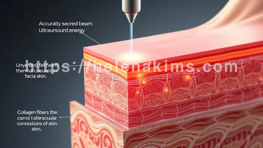 피부 표면의 초음파 프로브 아래로 집중된 초음파 에너지 빔이 피부 속 특정 깊이(진피층, 근막층)에 정확히 도달하여 미세한 열 응고점들을 형성하는 장면.