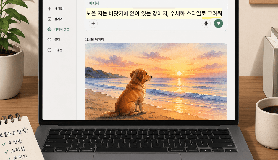 노트북 화면의 챗GPT 대화창에 텍스트 프롬프트를 입력해 노을 지는 바닷가의 강아지 그림이 생성되는