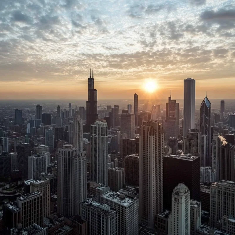 저녁 노을 속에서 드러나는 도시의 스카이라인이 글로벌 경제 및 금융 시장의 역동성을 상징적으로 표현, 변화 속 기회와 도전을 떠올리게 합니다.