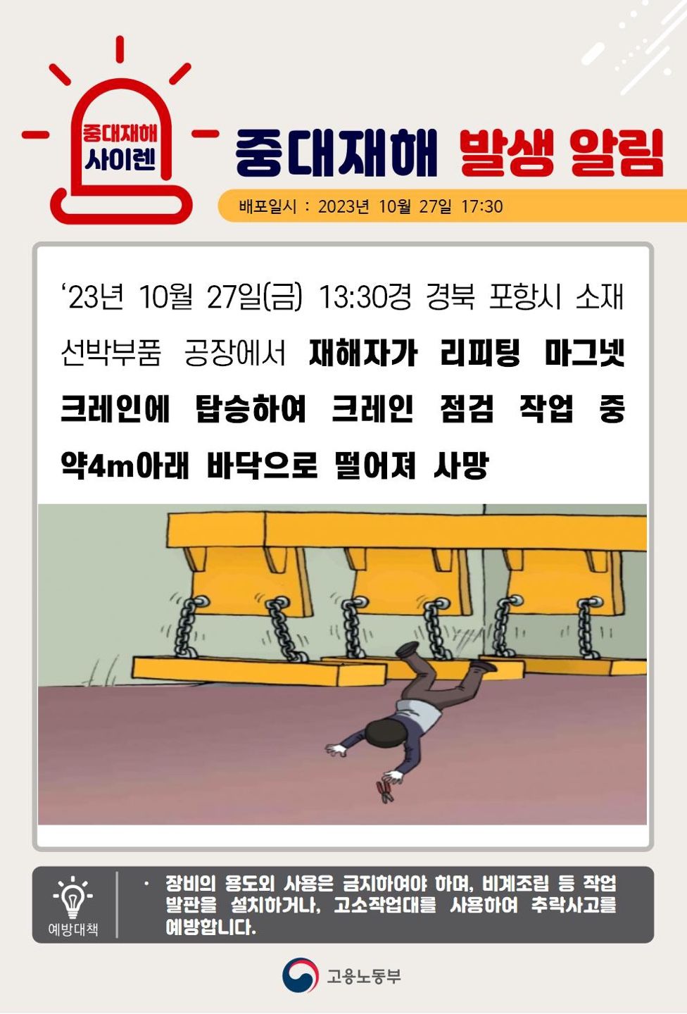 리피팅 마그넷 크레인에 탑승하여 크레인 점검 중 떨어짐(4m)