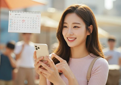경구피임약으로 특별한 날 생리 주기를 조절하여 여행이나 중요한 행사를 즐길 준비를 하는 행복한 한국 여성의 모습.