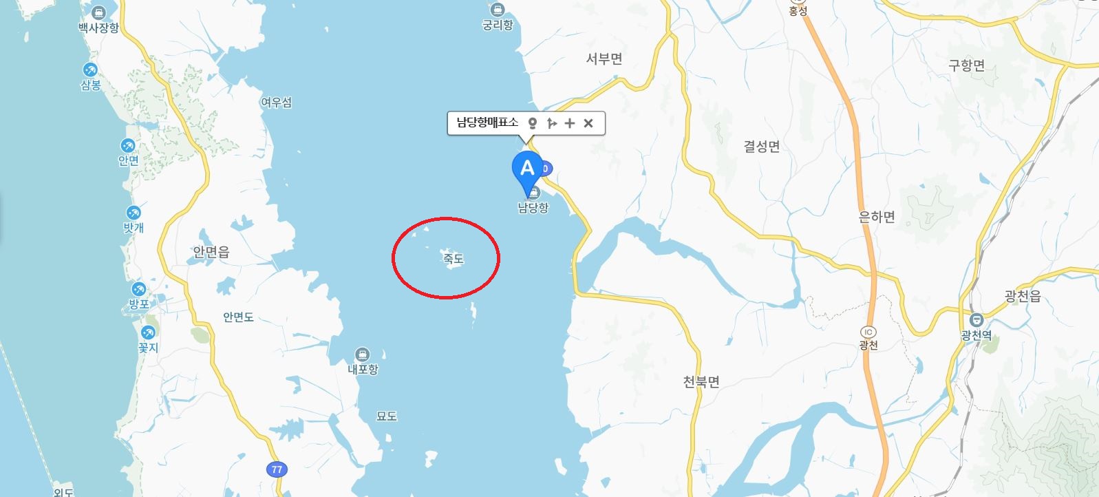 남당항 매표소 및 죽도 위치 지도