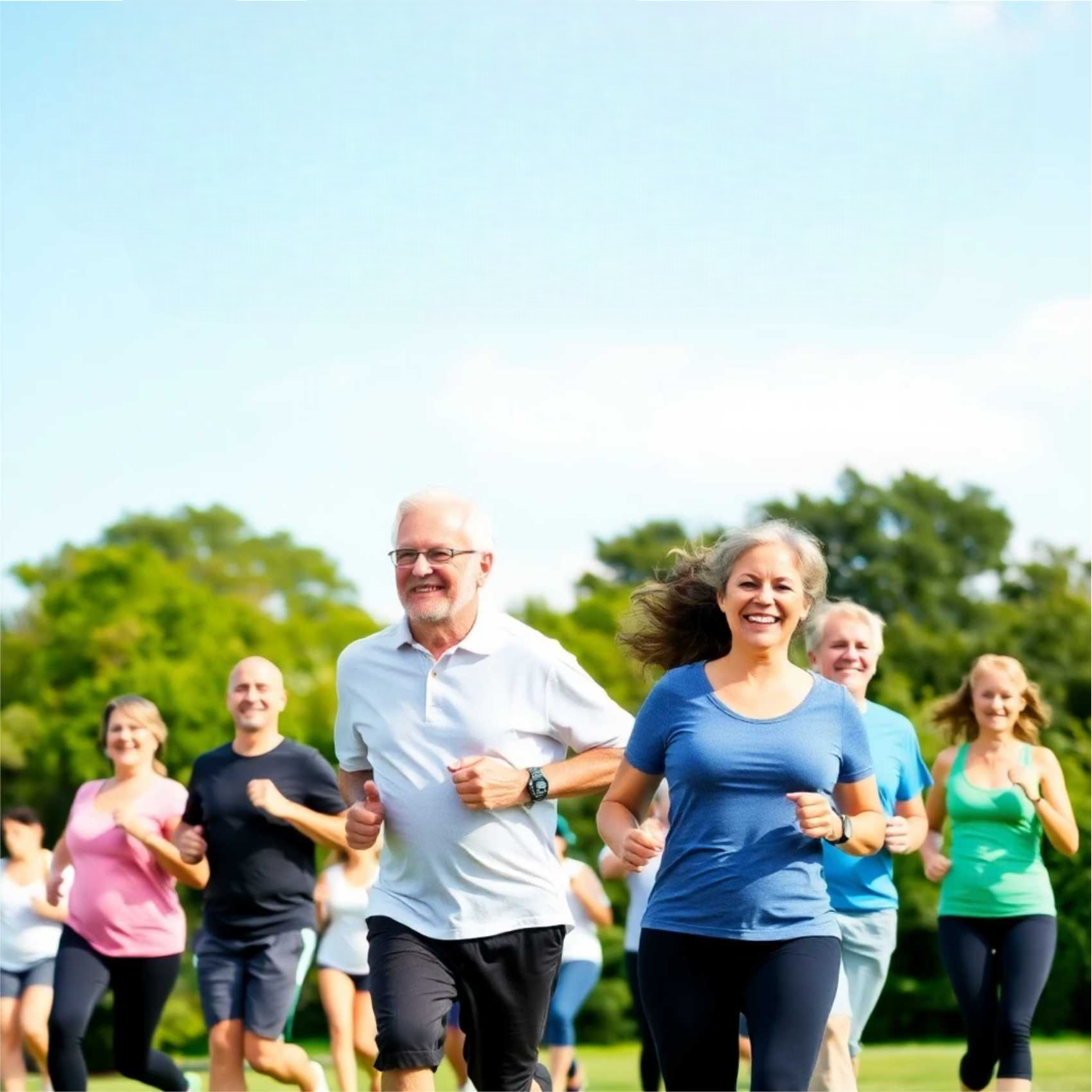 푸른 하늘 맑은 날씨에 잔디밭에서 조깅하고 있는 중년 사진