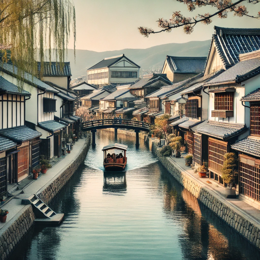 쿠라시키 미관지구의 전통적인 거리와 음식이 담긴 이미지