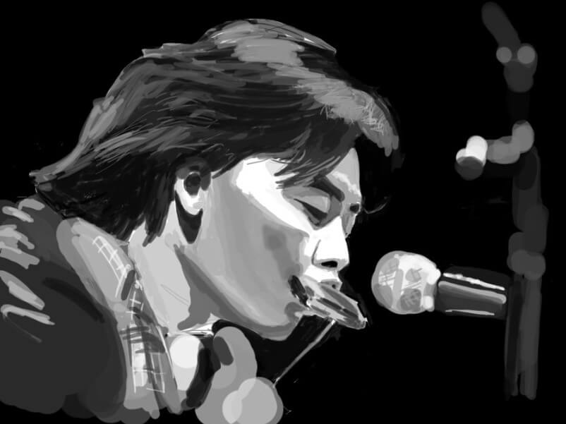 김광석이-마이크-앞에서-하모니카를-부는-모습을-스케치한-사진