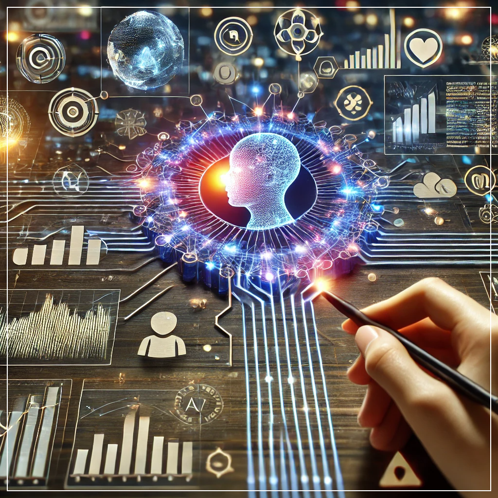 인공지능이 다중 소스로부터 들어오는 데이터를 실시간으로 분석하고 처리하는 개념적 이미지