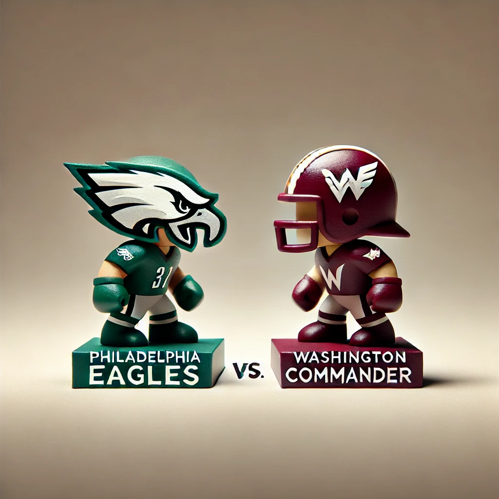 3D miniature figures representing the rivalry between the Philadelphia Eagles and Washington Commanders. A green eagle figure faces off against a burgundy commander figure on a neutral background, symbolizing competitive spirit.