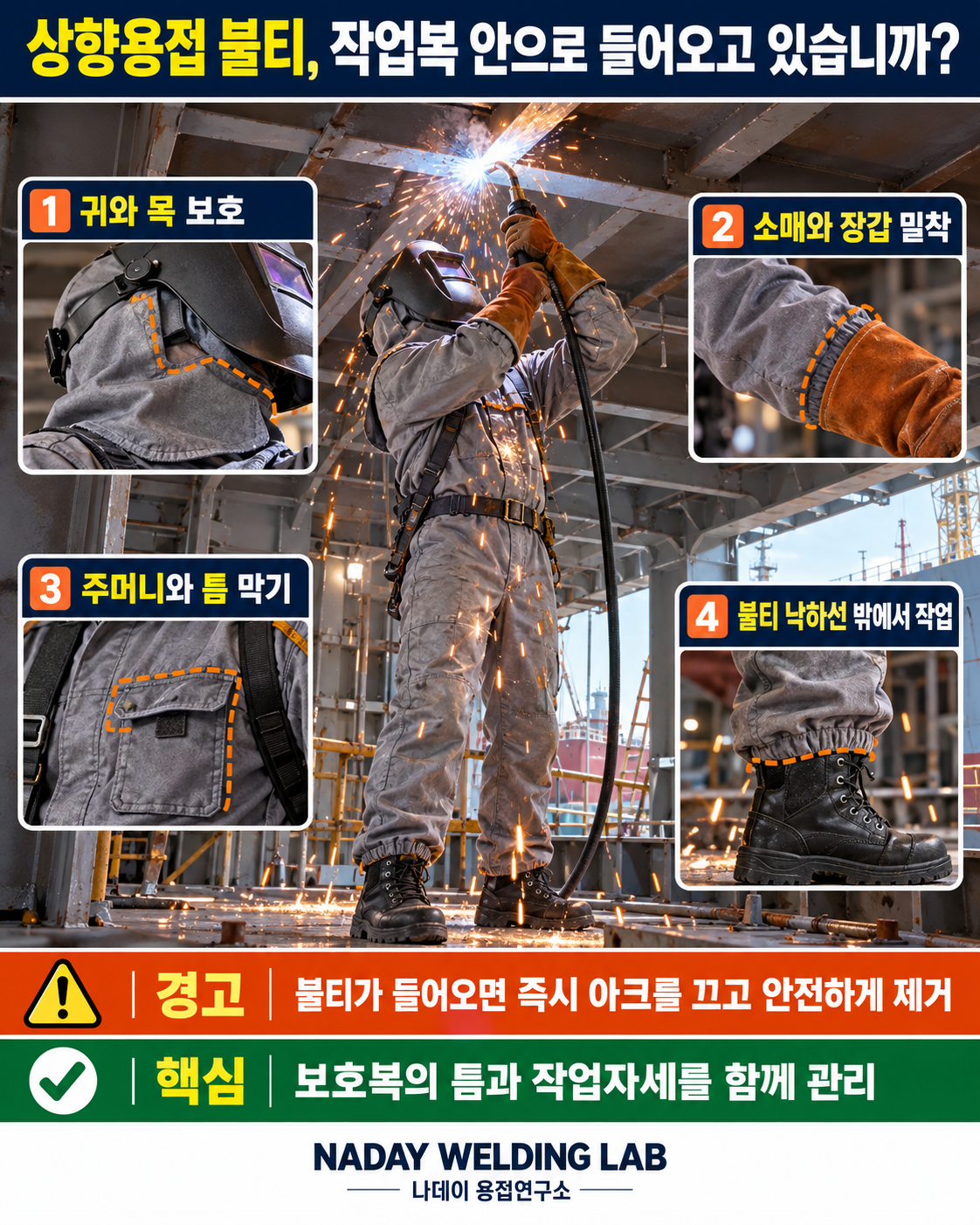 조선소 상향용접 작업자가 귀와 목, 소매, 주머니 및 안전화로 들어오는 불티를 예방하는 방법