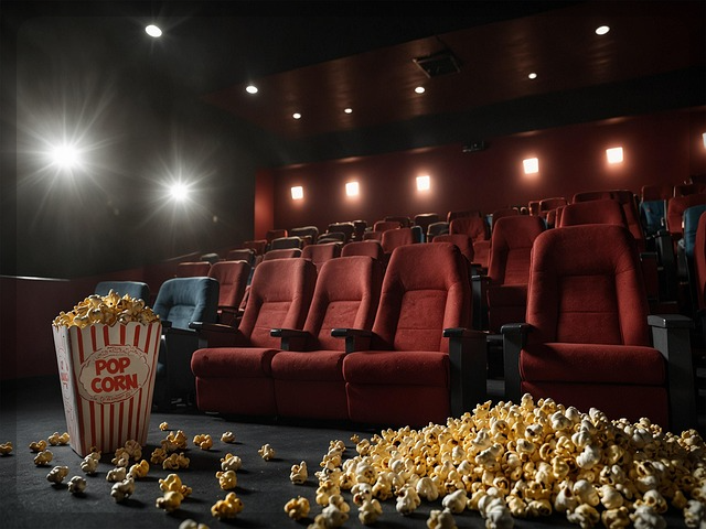 극장 의자와 팝콘이 함께있다.