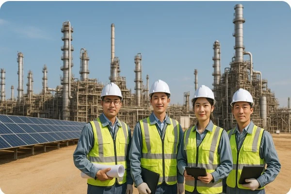 중동 플랜트 현장에서 일하는 한국 엔지니어들이 태양광 설비와 석유화학 플랜트를 배경으로 협력 중인 장면