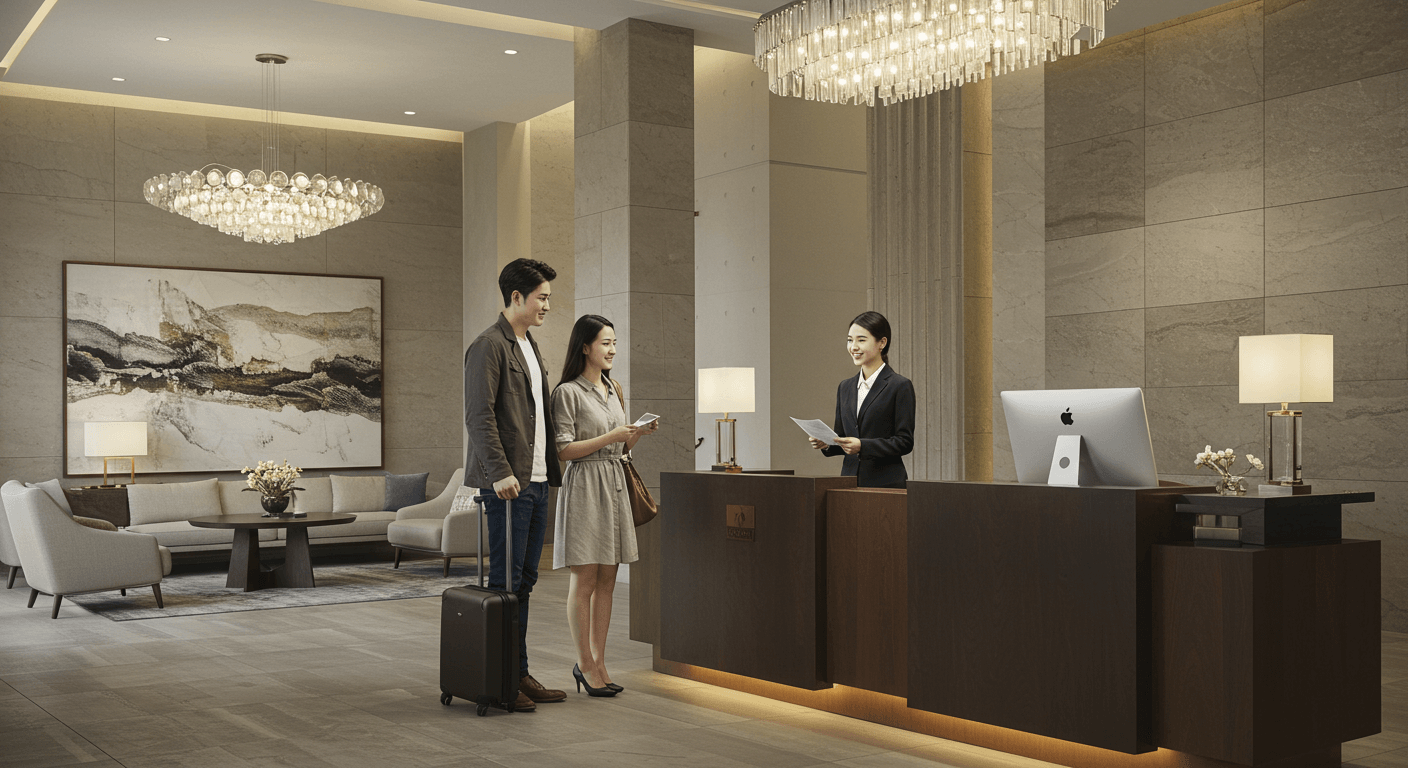 커플이 호텔 프런트에서 숙소 체크인을 준비하는 모습 3