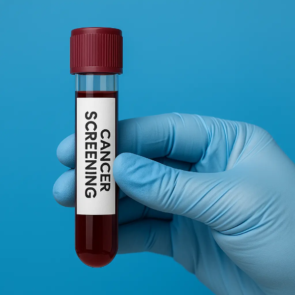 CANCER SCREENING 라벨이 붙은 혈액 샘플 튜브를 장갑 낀 손으로 들고 있는 클로즈업 이미지