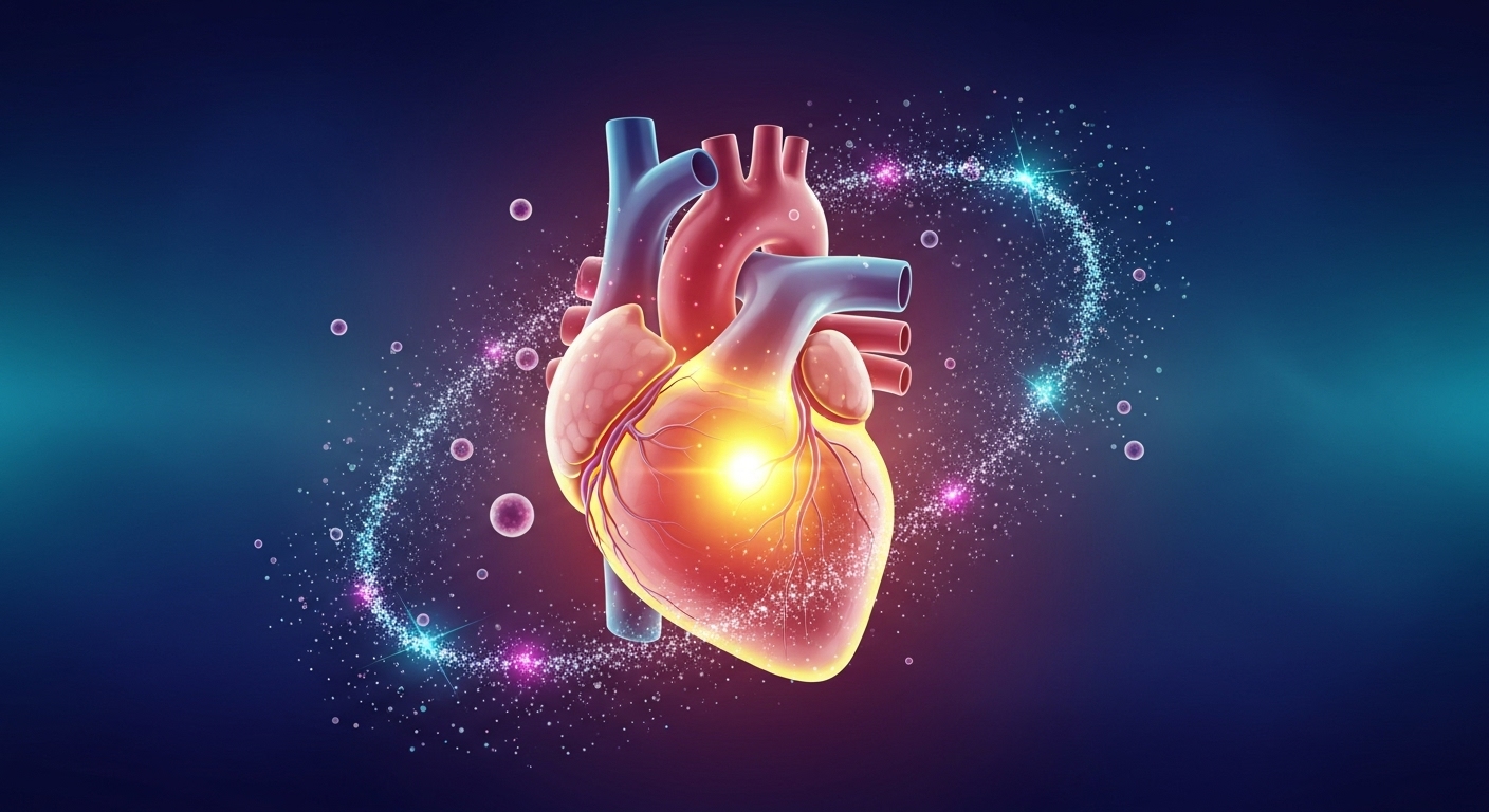 에너지로 빛나는 건강한 심장의 개념도. 주변에 코엔자임 Q10을 상징하는 작은 빛나는 입자들이 있다.