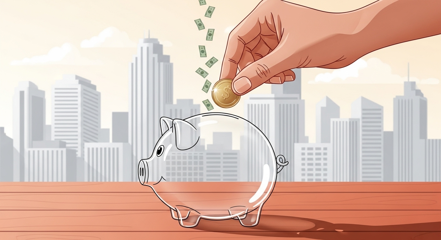 손이 저금통에 동전을 넣는 안정적인 이미지. 꾸준한 배당 수익과 장기적인 재정적 안정성을 나타낸다.