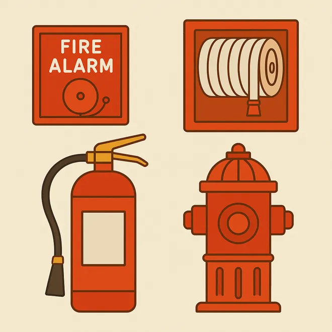 소화기, 화재경보기, 스프링쿨러