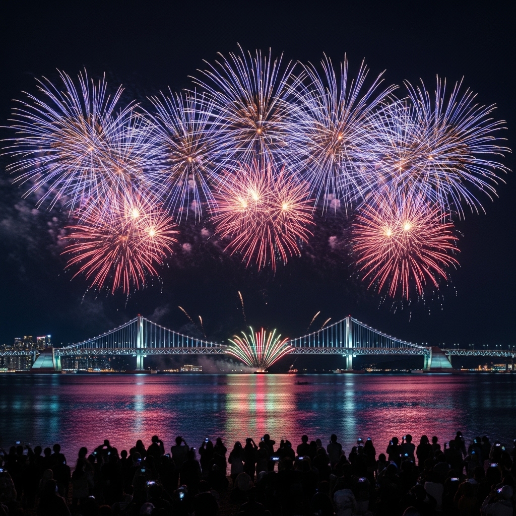 광안리불꽃축제의 화려한 풍경. 광안대교 위로 터지는 다채로운 불꽃들이 밤하늘과 바다에 아름답게 반영되고, 해변에 모인 사람들이 환호하며 축제를 즐기는 모습.