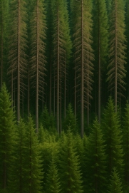 햇빛이 숲 바닥으로 스며들며 건강한 나무와 병든 나무의 대비를 선명하게 보여준다.