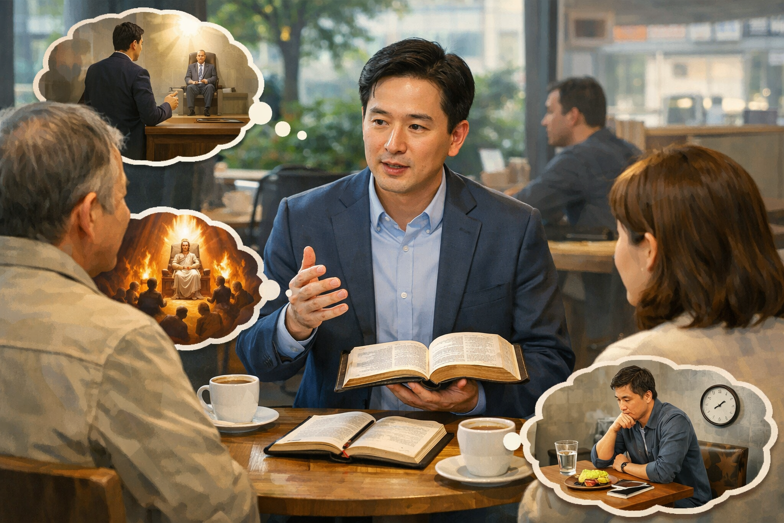 행 24:25 말씀에서 바울이 세상 주관자들 앞에서도 당당하게 옳은 것을 자기 절제에 기반하여 말하고 특히, 하나님의 심판에 대해 말할 때 그들이 두려워한 것을 보며, 저도 세상 주관자들, 곁에 있는 동료들 앞에서 진리를 말하고 자기 절제를 생활화하며 나아가 하나님의 심판에 대해 담대히 말하는 자가 될 것이 도전이 되어, 오늘 만나는 분들에게 말씀의 진리를 전하며 스스로 절제하는 것을 생각하는 시도를 하는 모습입니다.