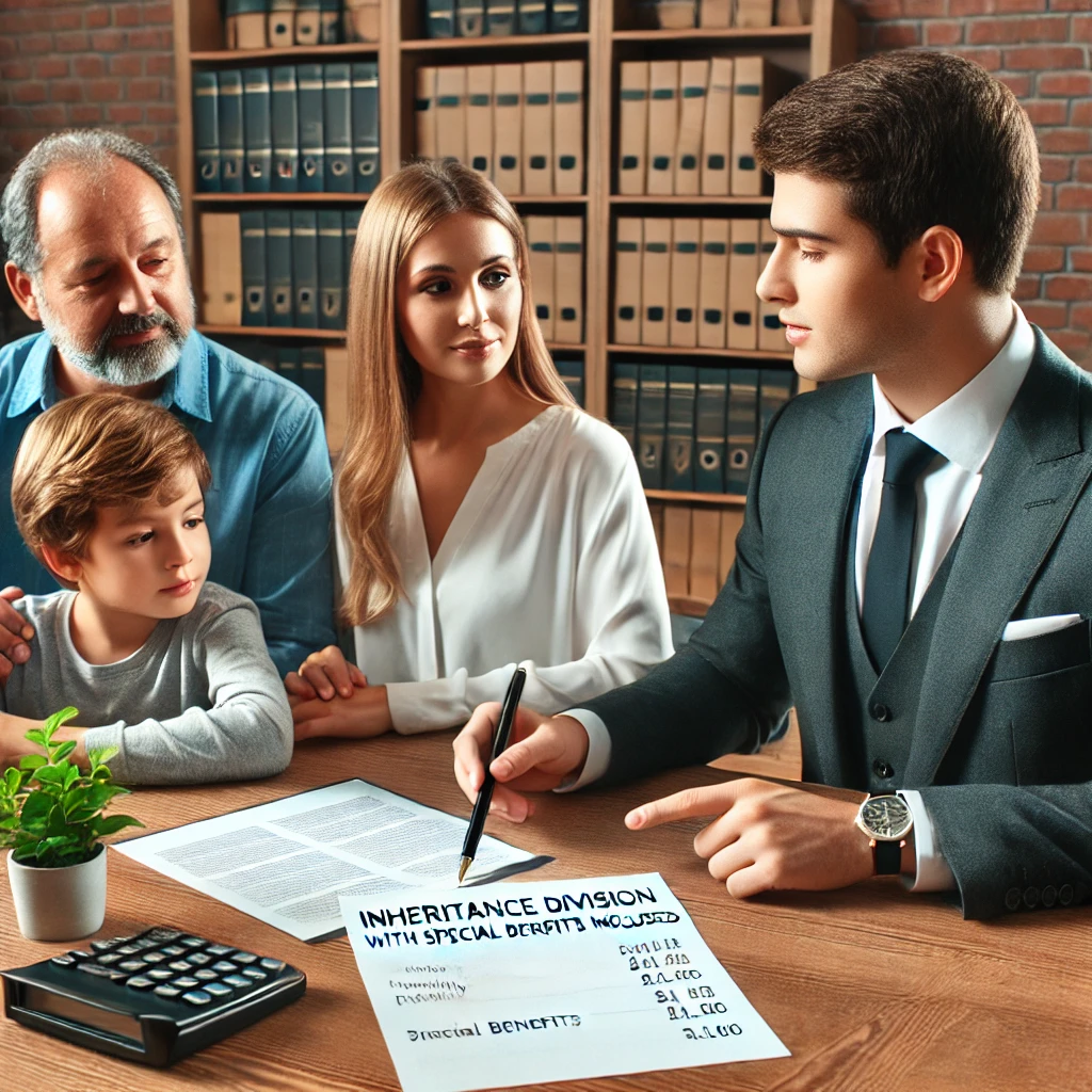 특별수익이 포함된 상속 재산 분할 설명: 변호사가 가족들에게 특별수익이 상속 재산에 어떻게 포함되는지 설명하는 장면.