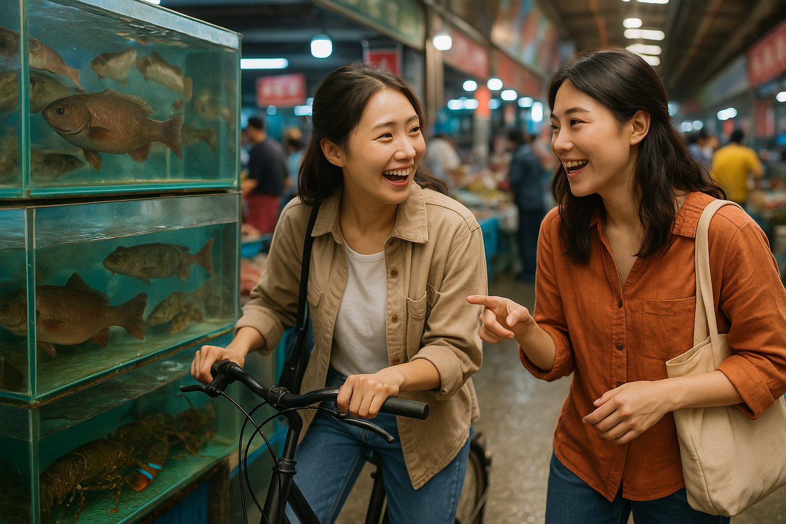 Two women chatting vividly while exploring live seafood at a bustling market in Qingdao