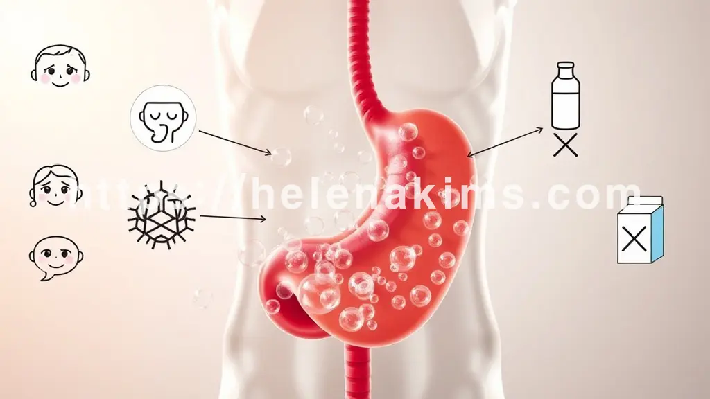 위장 속으로 공기방울들이 끊임없이 유입되는 흐름을 시각화 하고, 위장 주변으로는 불안하거나 고민하는 표정의 사람 얼굴 아이콘, 뇌와 연결된 신경망 그래픽, 그리고 빈약한 소화 효소병이나 우유팩에 X 표시가 된 아이콘이 각각의 원인 요소로 배치되어 있다.