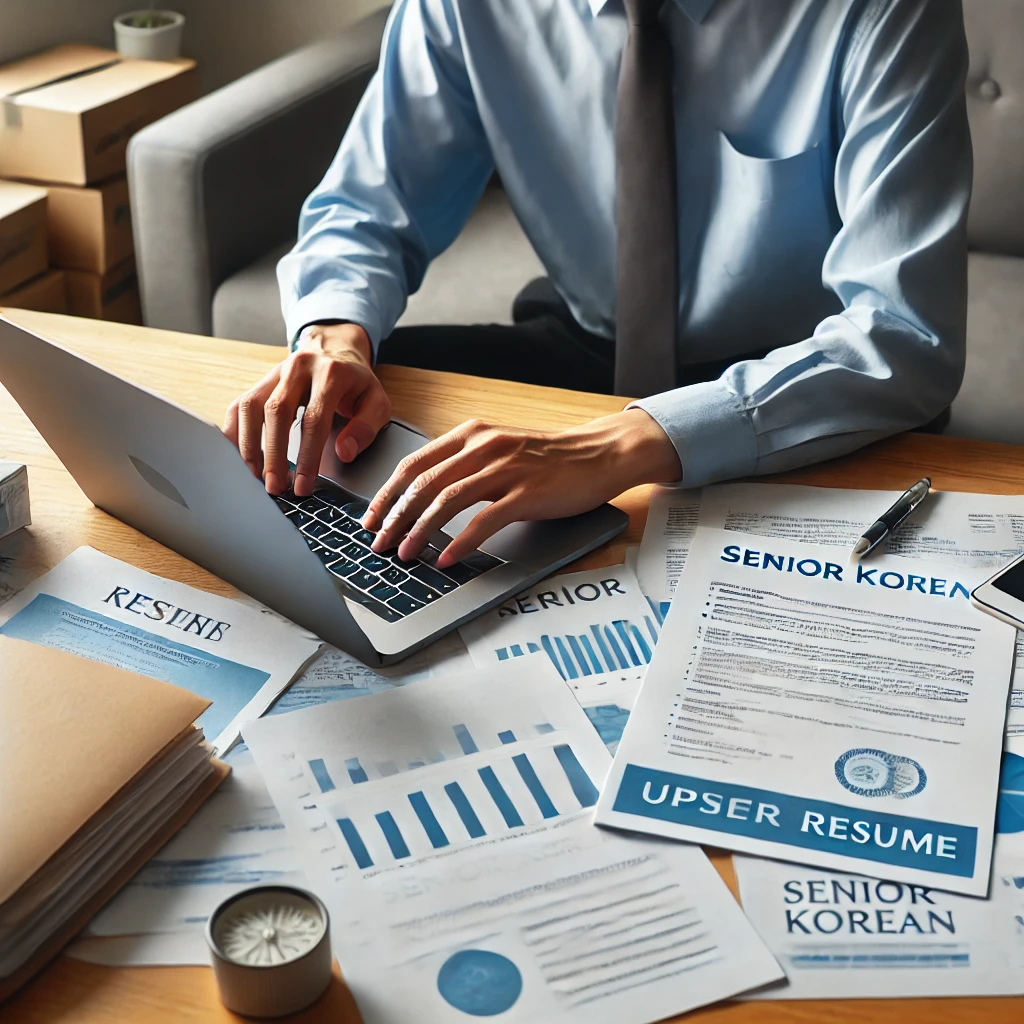 전문적인 환경에서 노년 한국인이 책상에 펼쳐진 문서와 노트를 보며 노트북으로 이력서를 업데이트하는 모습. 성공적인 인턴십을 위한 준비와 체계적인 태도를 강조함