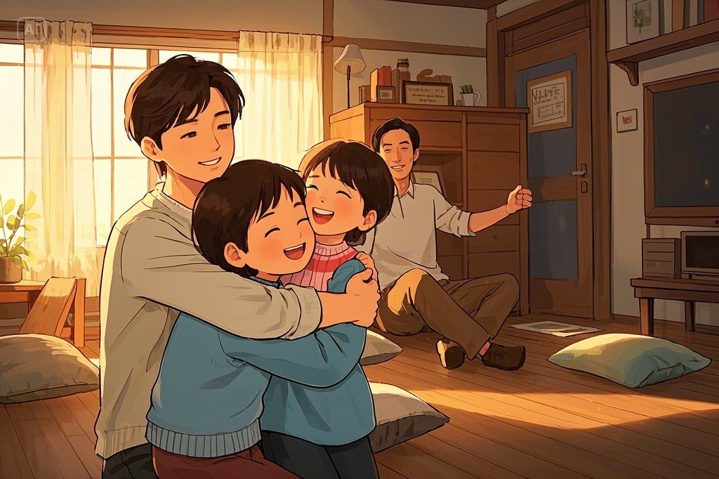 갈등 해결 후 서로 화해하고 웃고 있는 형제자매와 흐믓해하는 부모