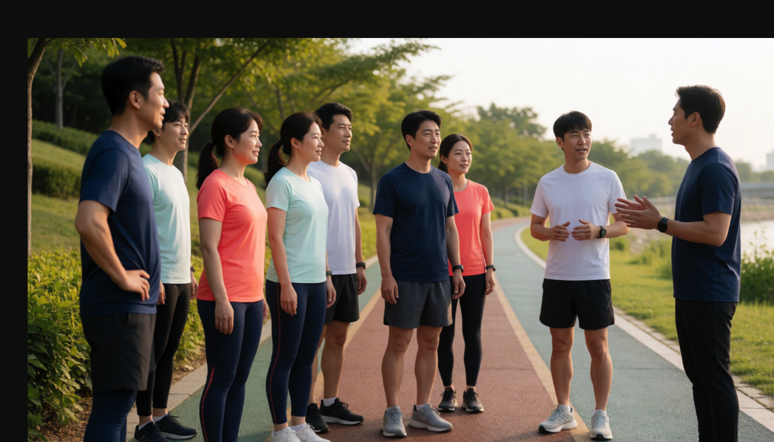 강변 공원에서 한 사람의 이야기를 듣기 위해 모여 선 성인 여덟 명