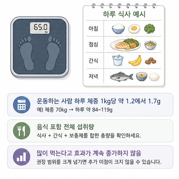 운동하는 사람은 체중과 활동량에 맞춰 하루 전체 단백질 섭취량을 계산하고 필요 이상으로 과도하게 먹지 않는 모습을 보여주는 그림