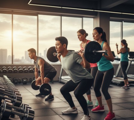 40대 남여가 대근육 위주의 다관절 운동 하는 모습