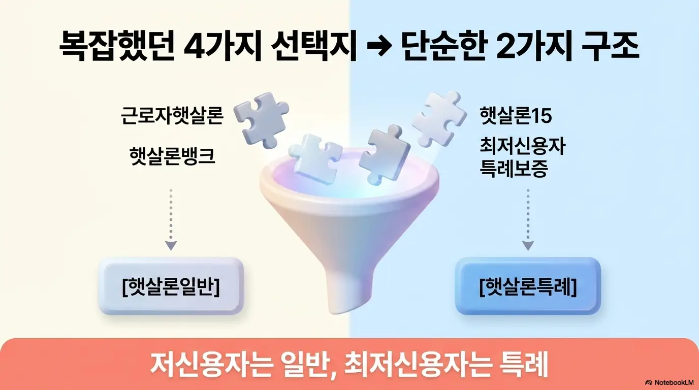 햇살론특례 조건: 근로자햇살론 햇살론뱅크 햇살론15 최저신용자 특례보증 네 가지가 깔때기를 통해 햇살론일반과 햇살론특례 두 가지로 정리되는 이미지. 이 이미지는 복잡했던 햇살론 4종이 저신용자는 일반 최저신용자는 특례라는 2종 구조로 단순해진 개편 내용을 시각적으로 전달하며&amp;#44; 블로그의 햇살론 통합 구조 개편과 관련된 내용을 설명함 
