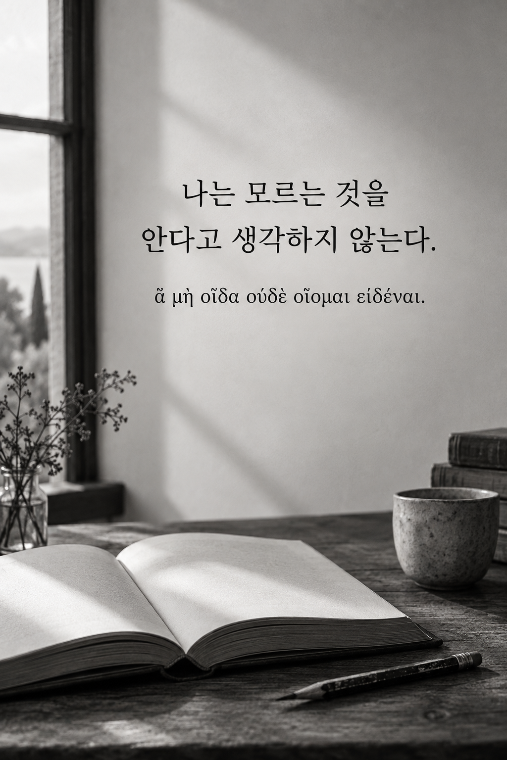 소크라테스 명언 2 &mdash; 나는 모르는 것을 안다고 생각하지 않는다. &mdash; 빈 여백이 넓은 책과 연필