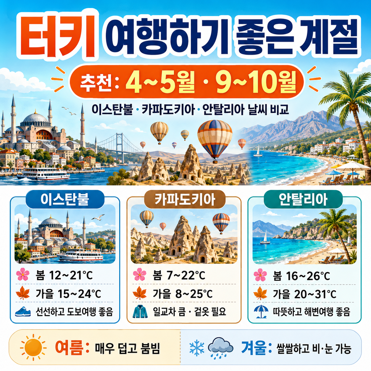 터키 여행하기 좋은 계절|4~5월·9~10월 추천, 이스탄불·카파도키아·안탈리아 날씨 비교