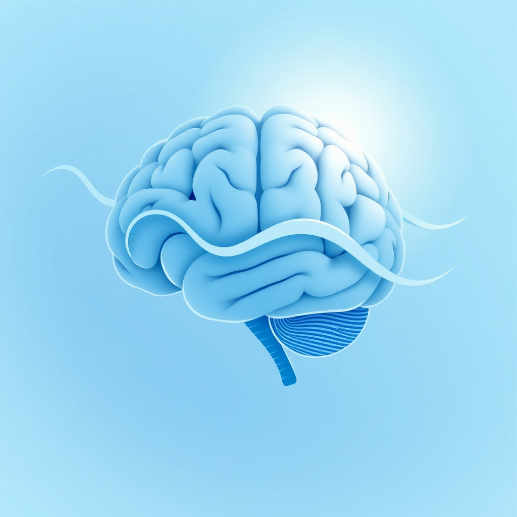 마인드풀니스 스타일, 뇌의 전두엽과 감정의 흐름을 시각화한 이미지, 푸른 계열 차분한 배경