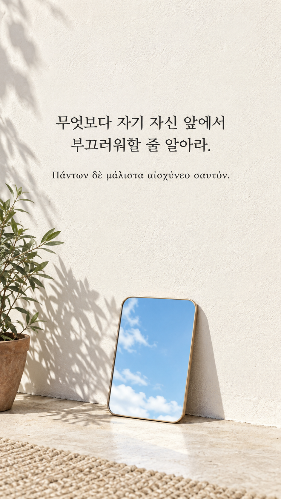 피타고라스 전통 황금시 5 무엇보다 자기 자신 앞에서 부끄러워할 줄 알아라. 하얀 벽에 기대 놓인 작은 거울과 반사된 파란 하늘 배경의 한글&middot;그리스어 세로 이미지