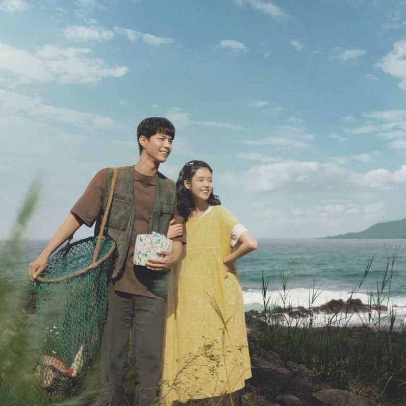 넷플릭스 드라마 폭싹 속았수다 여름 포스터. 갈색 상의 카키색 바지와 조끼를 입고 낚시 그물을 들고 있는 박보검의 팔짱을 끼고 있는 노란 원피스 차림의 아이유