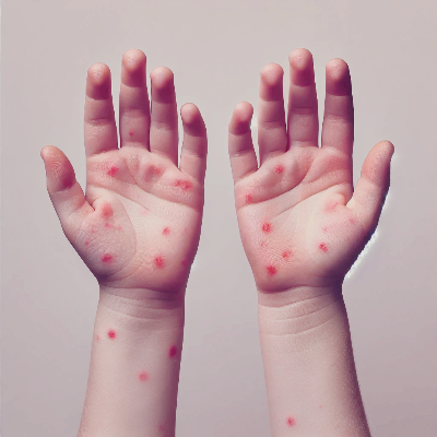 붉은 반점의 발진이 올라온 아이의 손