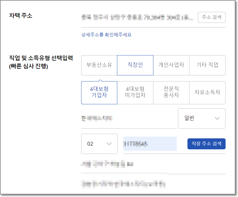 자택주소-직업및소득-자동차-결혼여부-선택