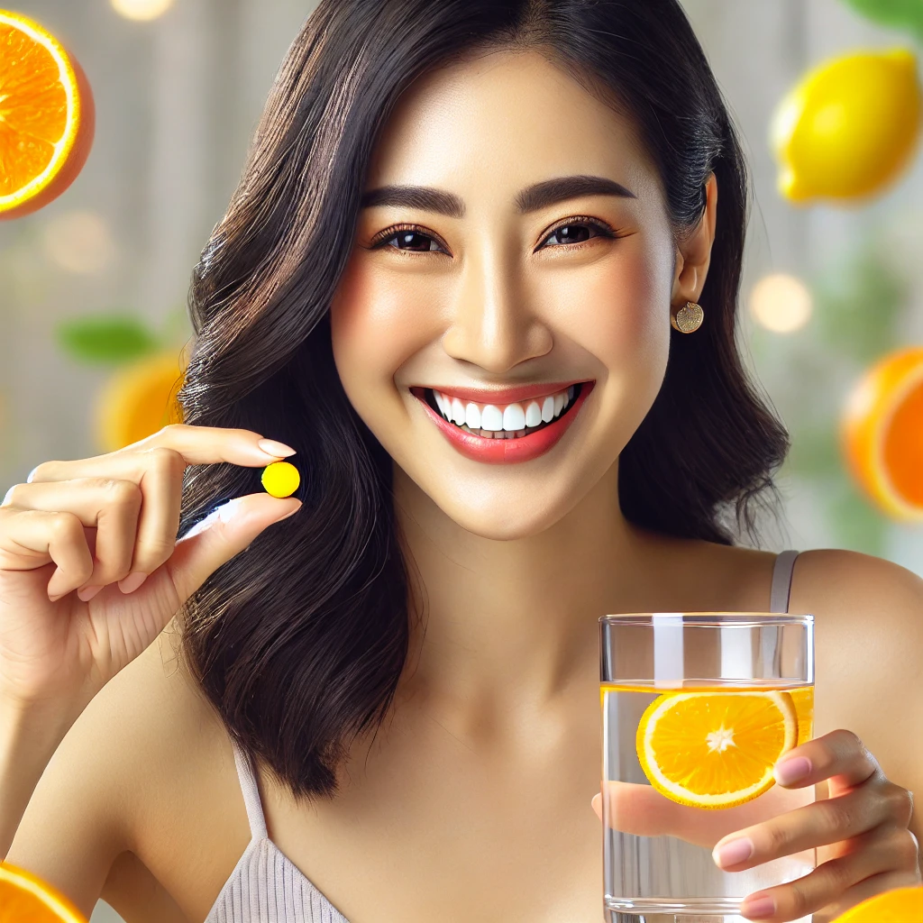 비타민 C를 복용하는 여자의 이미지