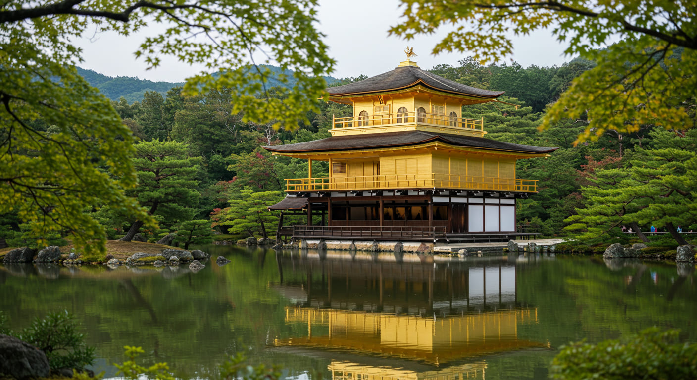 교토 금각사와 주변 녹지, 일본 전통 건축물