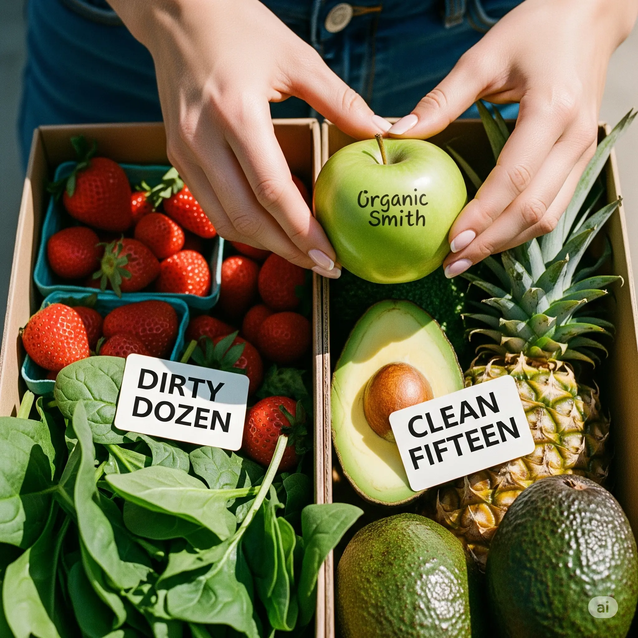 유기농 사과를 들고 있는 손과 함께 더티도즌(농약 잔류량 높은 과일채소)과 클린피프틴(농약 잔류량 낮은 과일채소)으로 분류된 딸기, 시금치, 아보카도, 파인애플이 담긴 장바구니