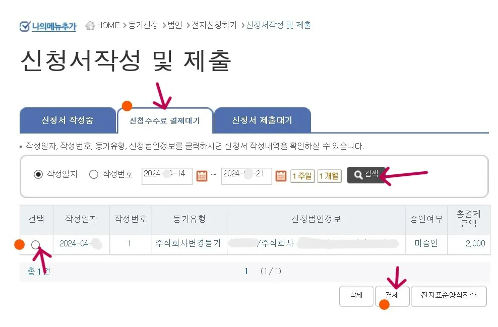 등기 신청 수수료를 납부해야 합니다.