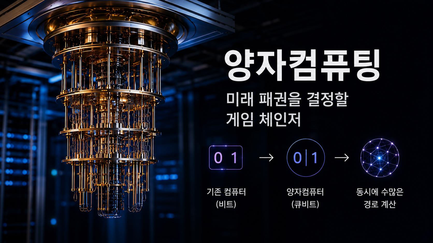 Futuristic quantum computer inside a dark high-tech data center representing future computing power