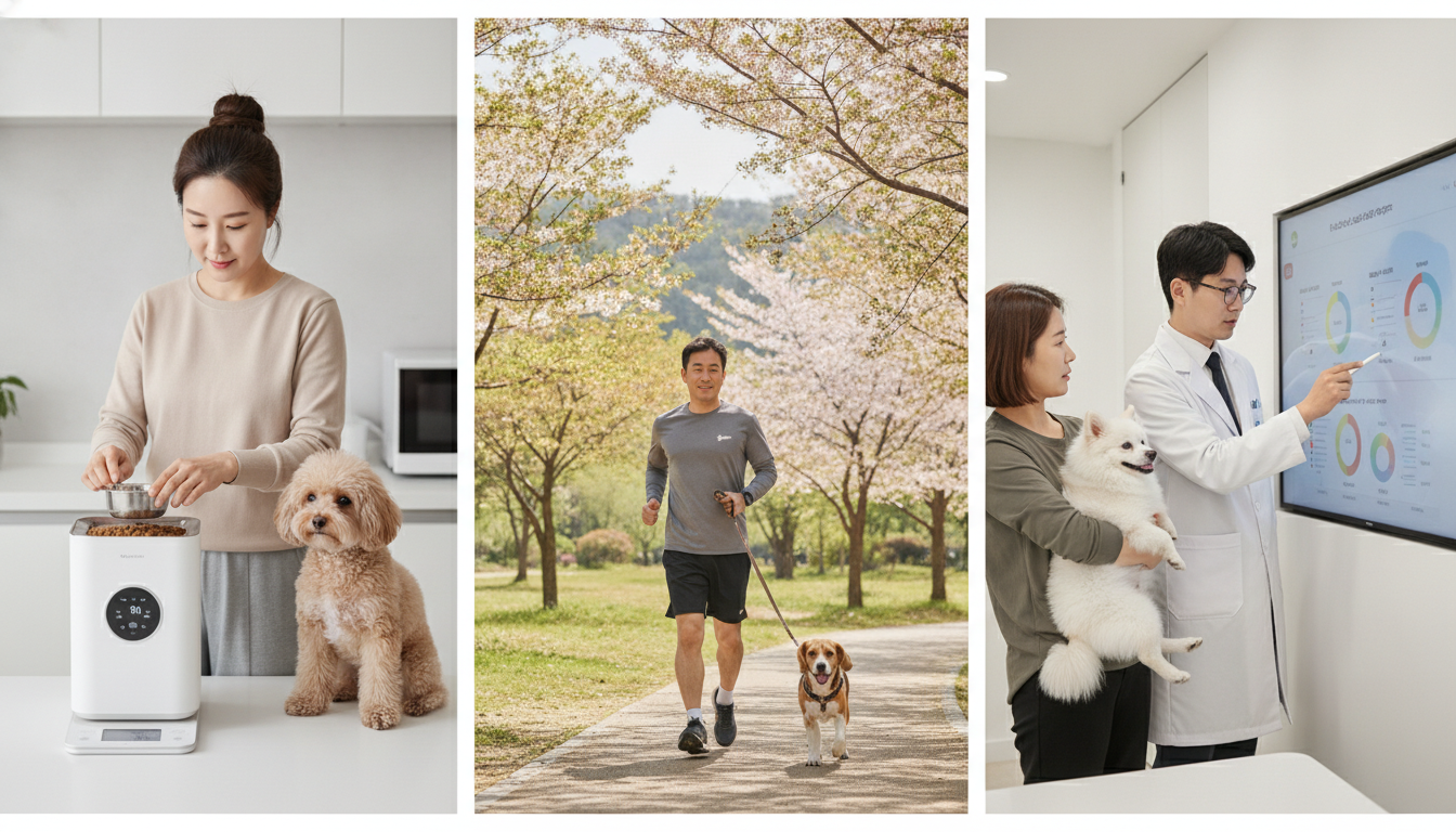 정확한 사료 급여, 규칙적인 운동, 수의사 상담을 통한 강아지 비만 관리법 세 가지 이미지
