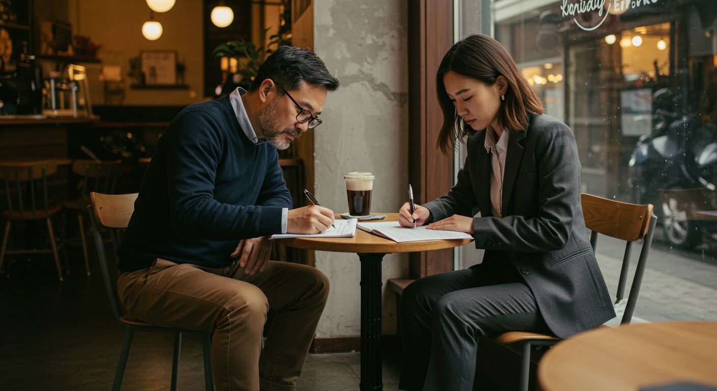 계약을 작성하고 있는 두사람 사진