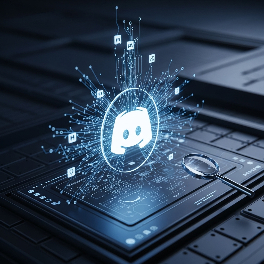 숨겨진 디스코드 기능을 탐색하는 모습을 형상화한 이미지. 빛나는 디스코드 로고와 주변의 복잡한 디지털 회로가 고급 설정을 상징하며, 어두운 블루-그레이 톤의 미래지향적 배경은 새로운 발견을 암시합니다.