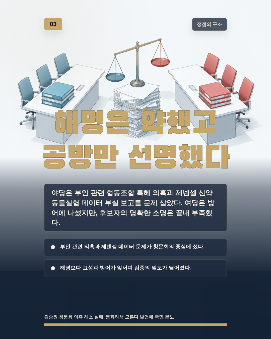 해명은 약했고 공방만 선명했다