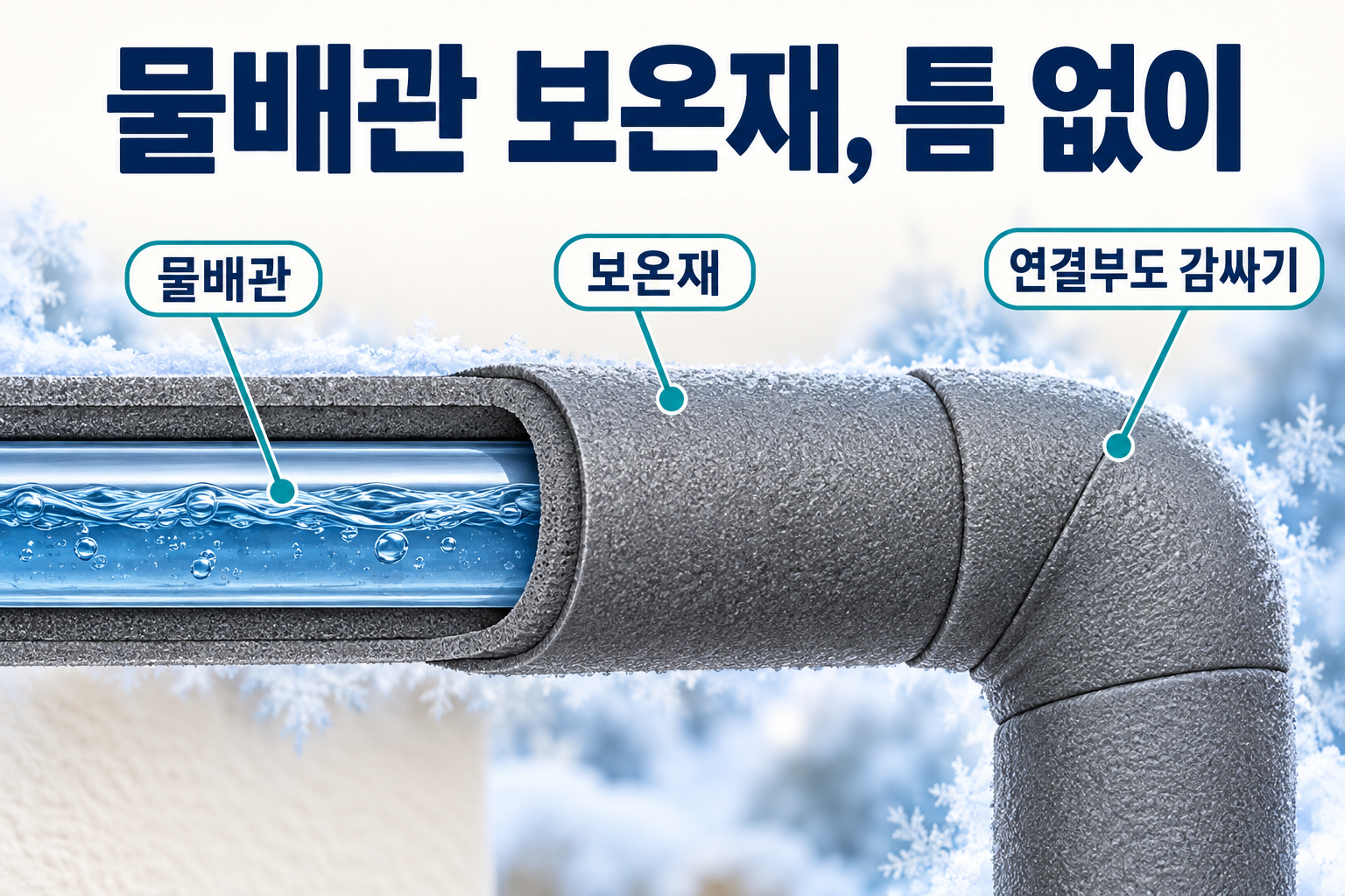 물배관을 둘러싼 보온재의 단면과 연결부까지 이어지는 보온 범위