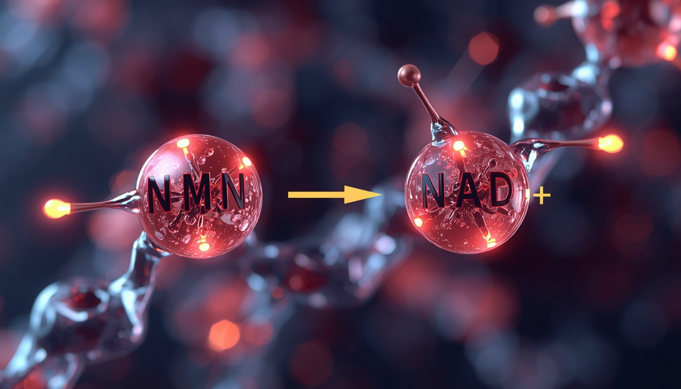 Molecular structure diagram of NMN and Niacinamide (Vitamin B3) converting into NAD+ inside human mitochondria, clean scientific laboratory aesthetic, vibrant glowing molecules, 3D rendering.