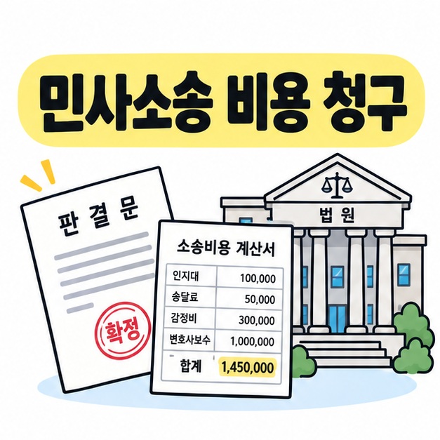 민사소송 비용 청구 제목과 판결문, 계산서, 법원 아이콘을 보여주는 그림